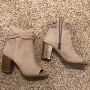 Tan open toe heeled boots